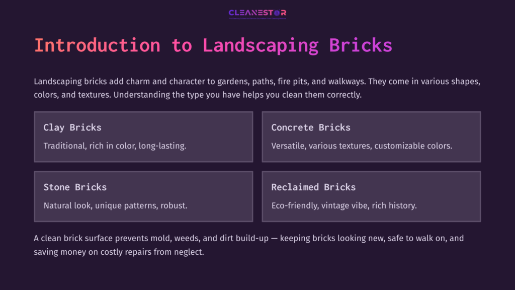 Four Types Of Landscaping Bricks: Concrete, Reclaimed, And Stone, Each With Distinct Features, Set Against A Purple Background.
