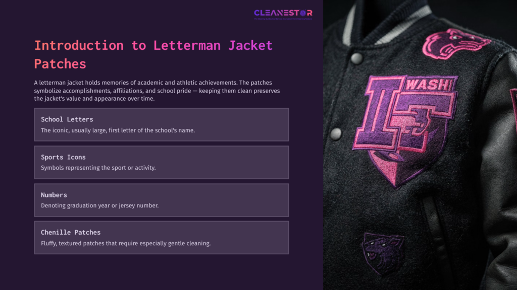 Black Letterman Jacket With Vibrant Pink Patches Featuring School Letters And Symbols, Alongside Text Detailing Patch Types And Care Instructions.