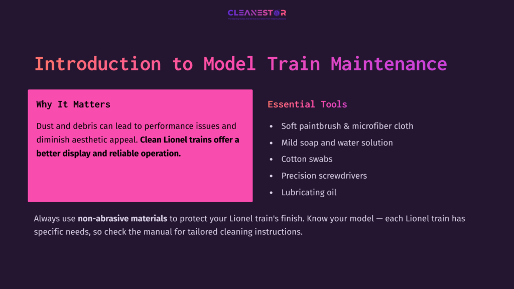Bright Pink Header With White Text On A Dark Background, Listing The Importance Of Lionel Train Maintenance And Essential Cleaning Tools.