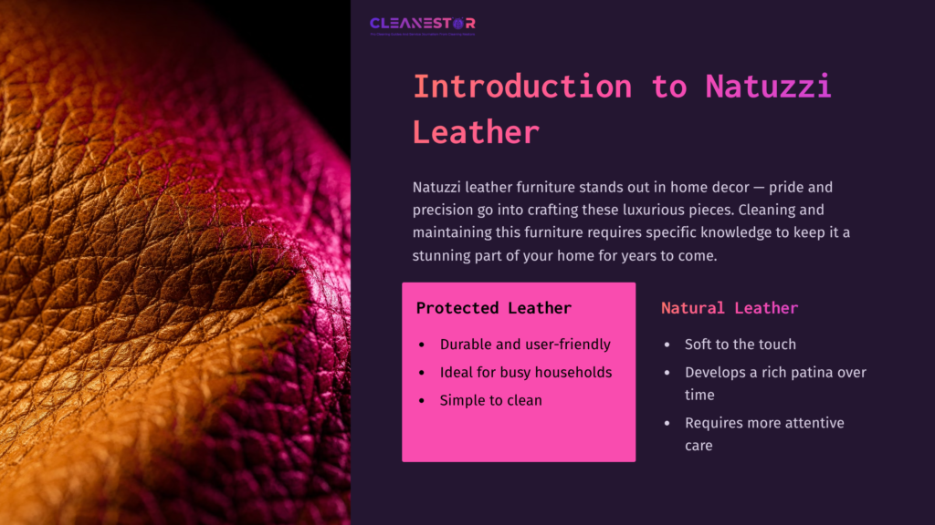 Close-Up Of Rich, Textured Leather In Gradient Shades Of Purple And Pink, With Text Introducing Natuzzi Leather Care Tips.