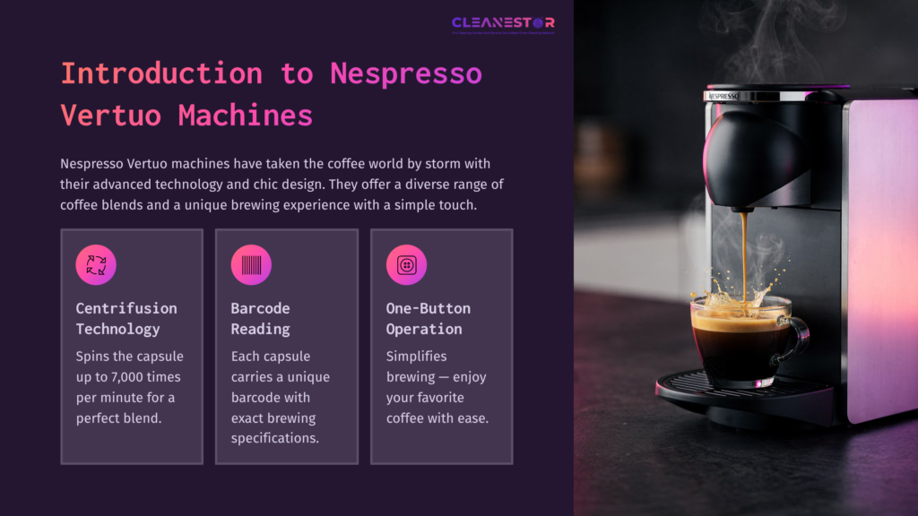Nespresso Vertuo Machine With A Vibrant Purple Background, Showcasing Brewing Coffee And Highlighted Features In White Text.
