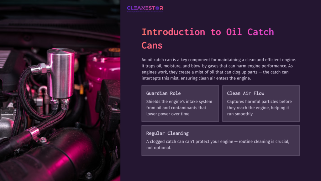 A Shiny Silver Oil Catch Can Sits In A Car Engine Bay With A Pink Background. Text Boxes Outline Its Importance And Maintenance Tips.
