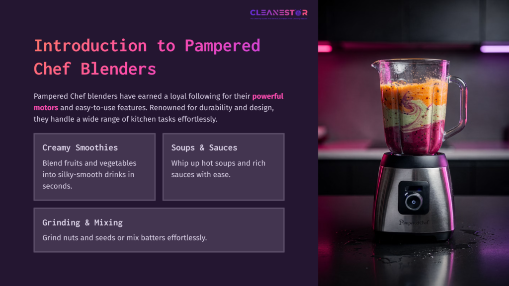 A Pampered Chef Blender With Vibrant Smoothie Ingredients Inside, Set On A Dark Countertop, Showcasing Its Sleek Design.