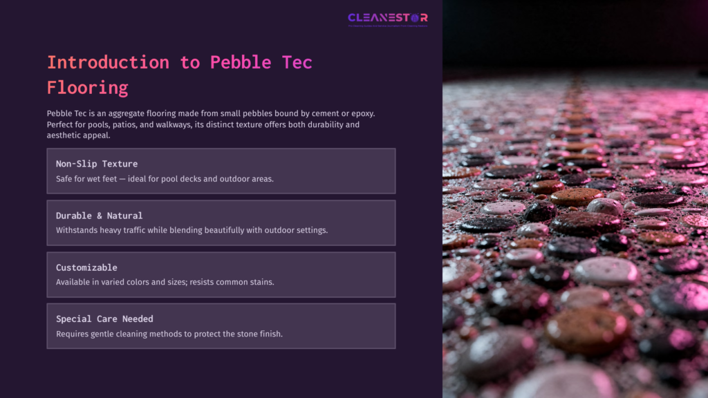 Pebble Tec Floor With A Glossy Finish, Showcasing Various Pebble Colors And A Close-Up View Of Textured Surface; Text Highlights Cleaning Tips.