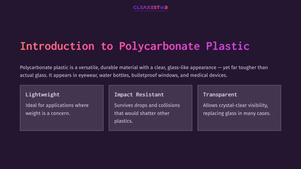 2 Introduction To Polycarbonate Plastic 1 Dark Purple Background With White Text Detailing Polycarbonate Plastic'S Features: Versatile, Impact-Resistant, And Transparent.