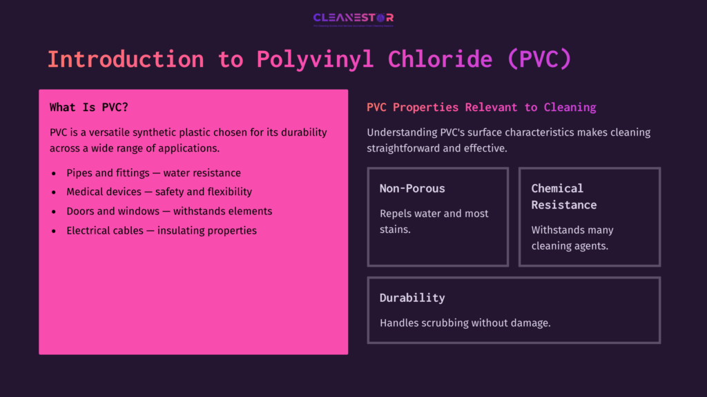 2 Introduction To Polyvinyl Chloride Pvc Bold Pink Header Titled &Quot;Introduction To Polyvinyl Chloride (Pvc)&Quot; Above A Dark Background Outlining Pvc Properties Like Water Resistance And Durability.