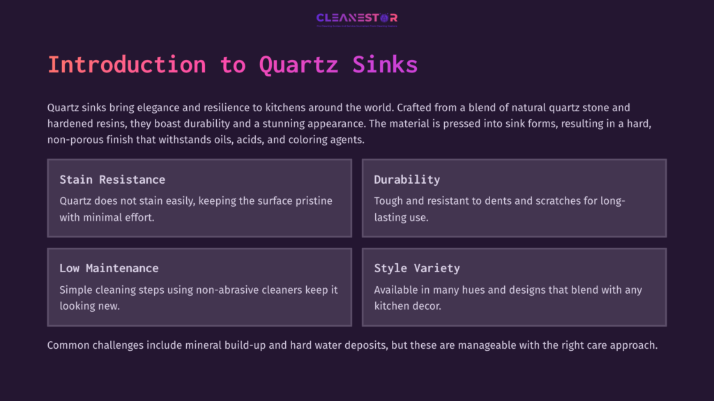 White Rectangular Infographic On Quartz Sinks Featuring Sections On Introduction, Durability, Maintenance, And Style Variety With Purple Accents.