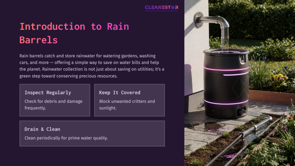 Black Rain Barrel With Purple Accents Connected To A Spout, Water Flowing Out. Text Highlights Maintenance Tips For Rain Barrels.