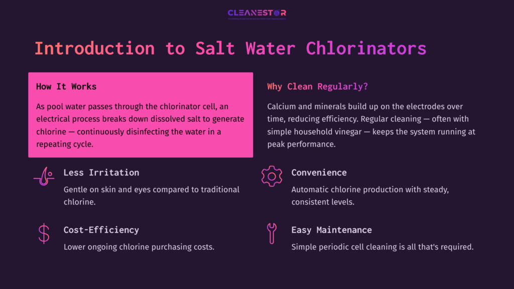 Infographic Explaining Salt Water Chlorinators; Features Bold Pink Title, Sections On Benefits Of Cleaning, And Key Points In White Text On A Dark Background.