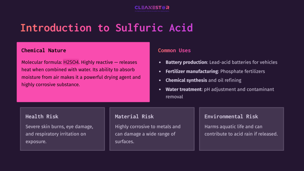 2 Introduction To Sulfuric Acid Text-Heavy Graphic Featuring A Pink And Purple Layout With Sections On Sulfuric Acid, Including Its Properties, Uses, Risks, And Environmental Impact.
