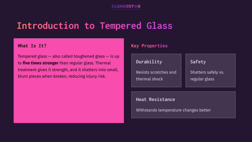 Bright Pink Box With Text Explaining Tempered Glass, Surrounded By Dark Purple Background, Highlighting Key Properties Like Durability And Safety.