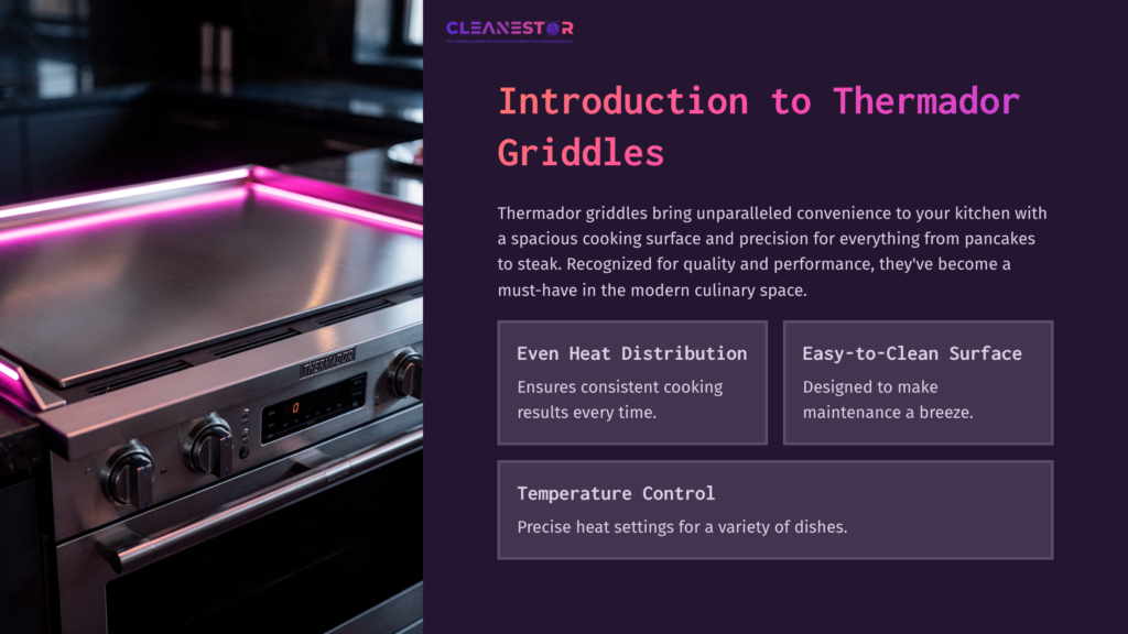 Close-Up Of A Stainless Steel Thermador Griddle With A Purple Led-Lit Edge, Highlighting Its Spacious Cooking Surface And Sleek Design.