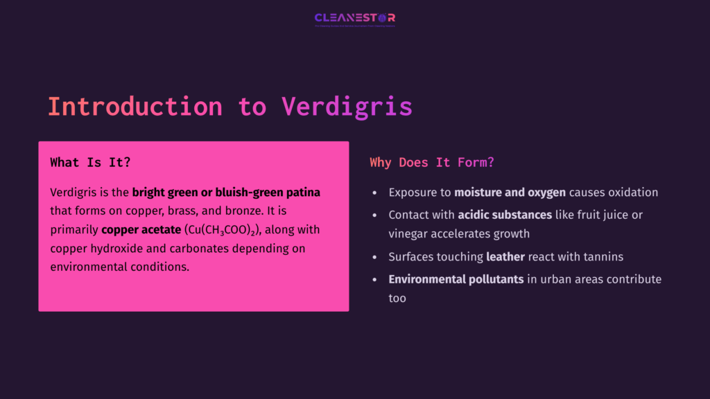 Bright Green And Bluish-Green Patina On Copper, Brass, And Bronze; Text Highlights Causes And Effects Of Verdigris.