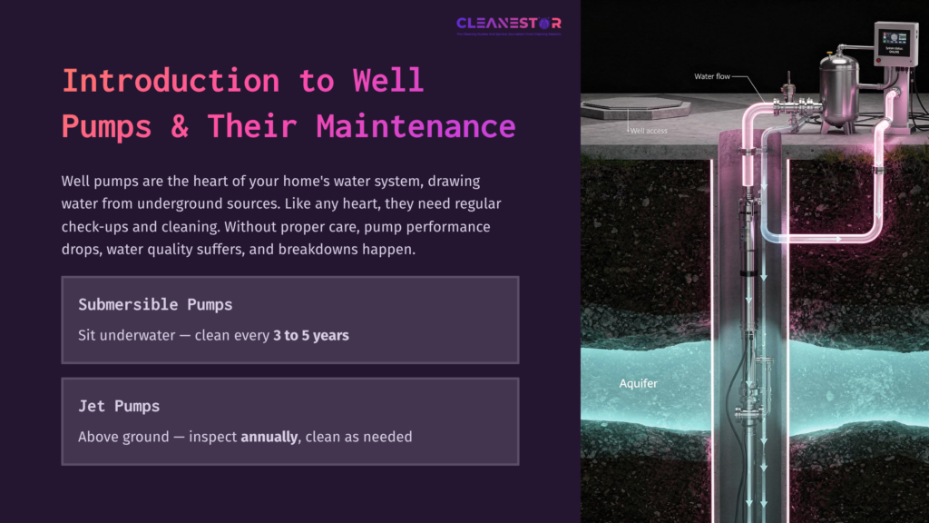 Illustration Showing A Submersible Well Pump, Water Source Layers With Aquifer, And Maintenance Tips In Contrasting Purple And Teal Graphics.