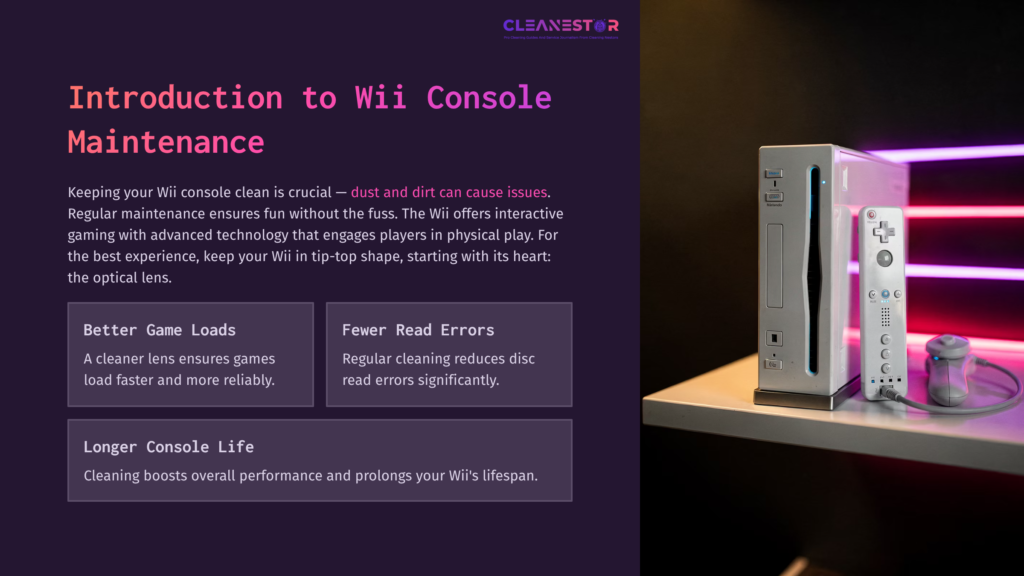 A White Wii Console On A Light Surface, With Highlighted Text About Cleaning And Maintenance, Using Purple And Pink Accents.