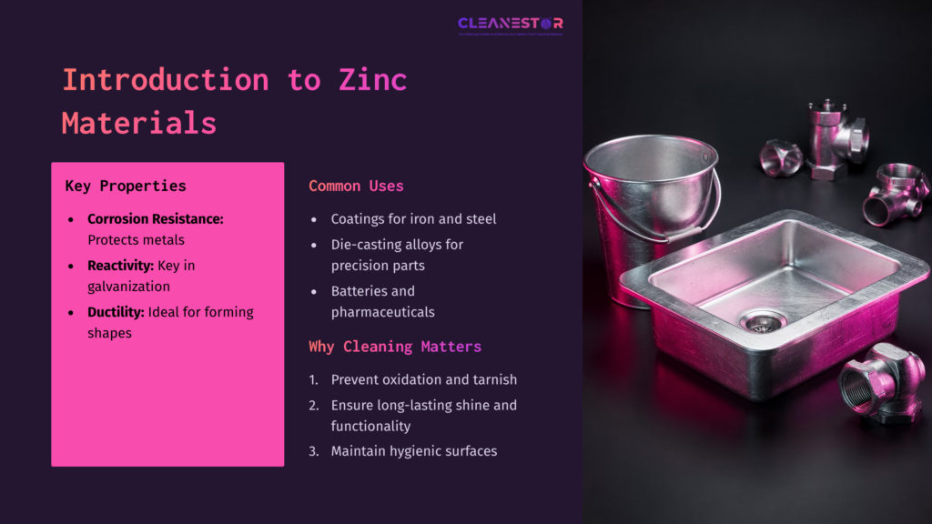 A Purple And Pink Layout Displays Zinc Properties, Uses, And Cleaning Importance, Alongside Metallic Buckets And Containers.