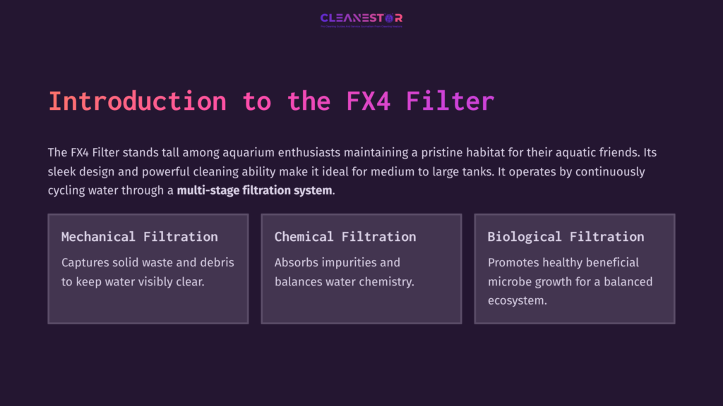 Introduction To The Fx4 Filter With Sections On Mechanical, Chemical, And Biological Filtration, Featuring Purple, White, And Black Text.