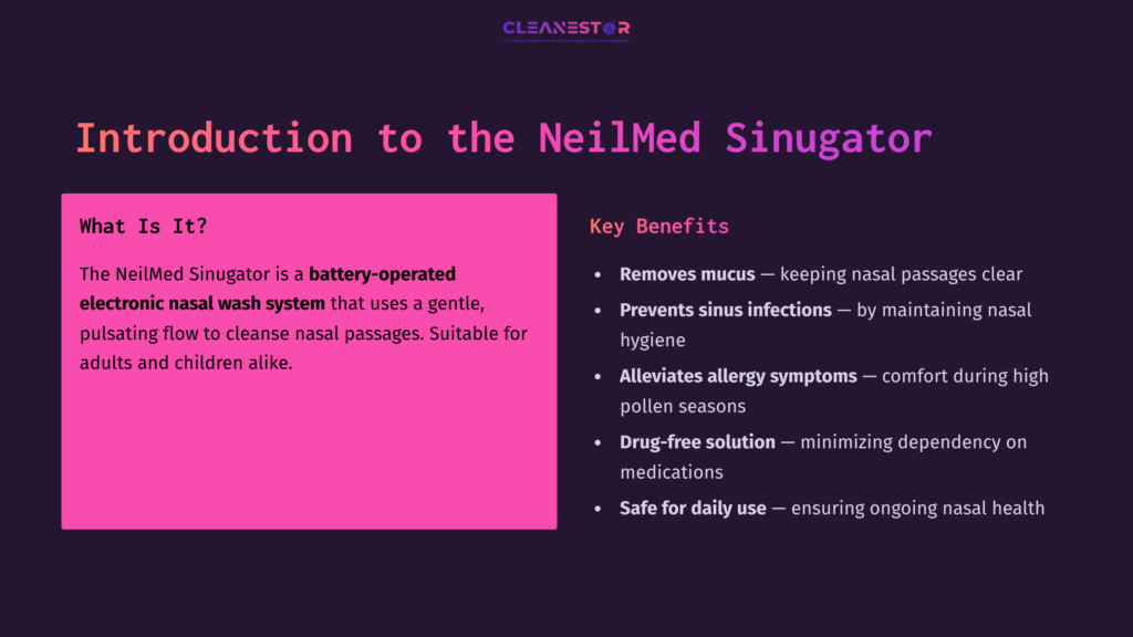 2 Introduction To The Neilmed Sinugator Text On A Dark Background Introduces The Neilmed Sinugator, Highlighting Benefits In Pink, Including Mucus Removal And Allergy Relief.