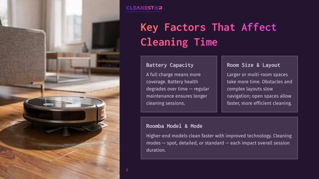 2 Key Factors That Affect Cleaning Time A Modern Robotic Vacuum Cleaner Navigates A Wooden Floor In A Living Room, With A Couch And Tv Stand In The Background. The Cleanestor Logo And Text About &Quot;Key Factors That Affect Cleaning Time&Quot; Are Visible.
