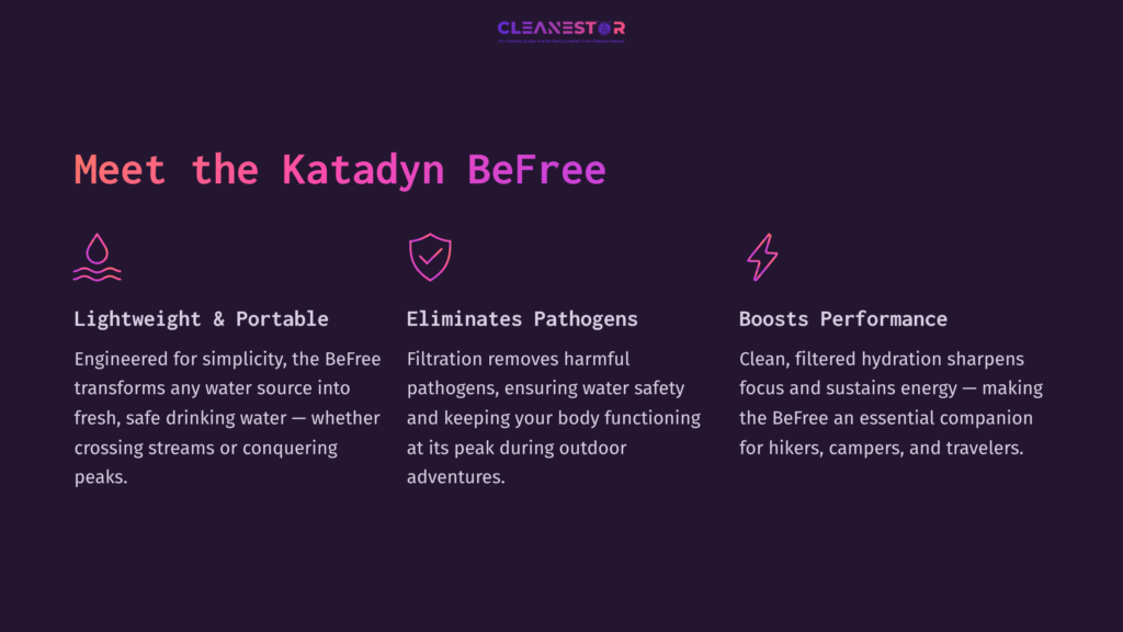 Text On A Dark Purple Background Highlights The Katadyn Befree Water Filter'S Portability, Pathogen Elimination, And Performance Benefits.