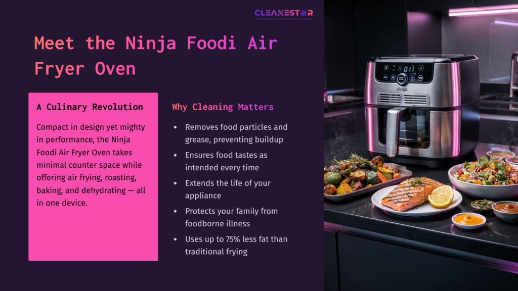 2 Meet The Ninja Foodi Air Fryer Oven Ninja Foodi Air Fryer Oven In A Kitchen Setting, Surrounded By Colorful, Freshly Cooked Dishes; Vibrant Purple Accents Enhance The Modern Design.