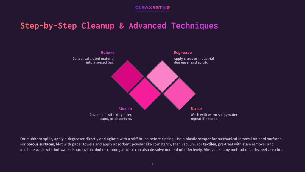 Diagram Illustrating Step-By-Step Cleanup And Advanced Techniques For Stain Removal, Featuring Stages: Remove, Absorb, Degrease, And Rinse, With Color-Coded Diamond Shapes.