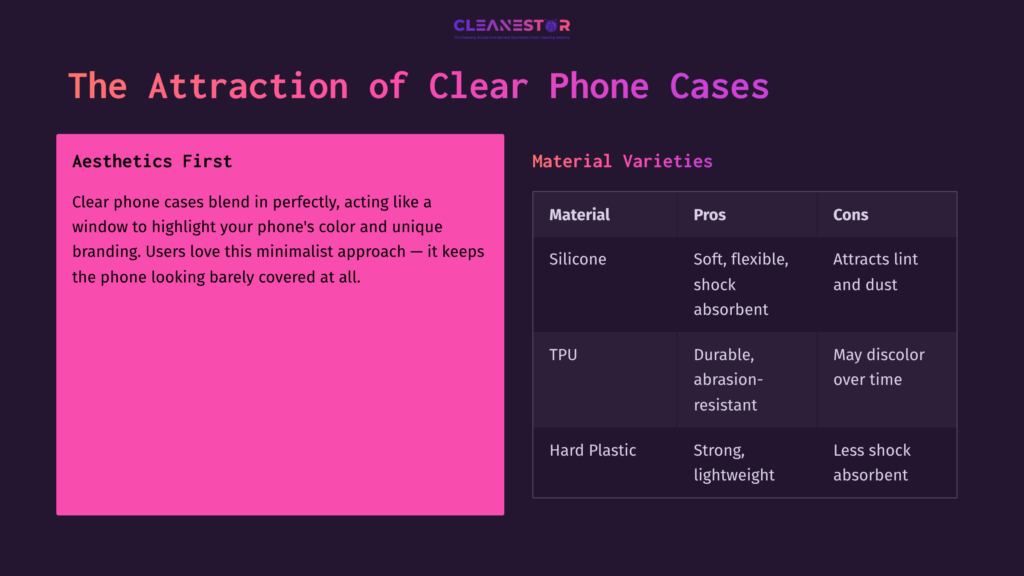 Bright Pink Text Highlights The Benefits Of Clear Phone Cases, With A Layout Listing Materials, Pros, And Cons Against A Dark Background.