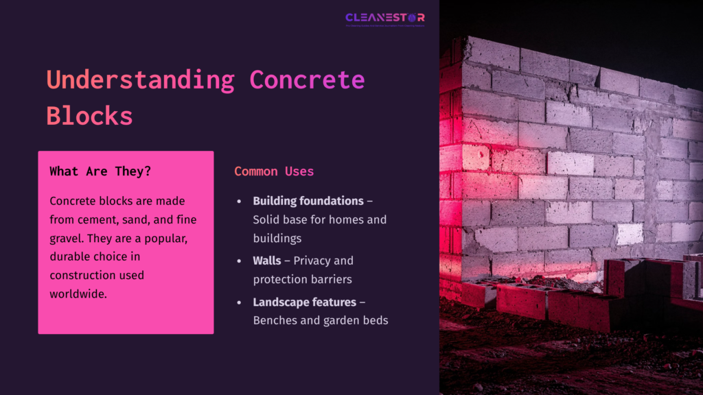 Concrete Blocks Stacked In A Pink-Lit Layout With A Dark Background, Alongside A List Outlining Their Uses And Features In Bold Text.