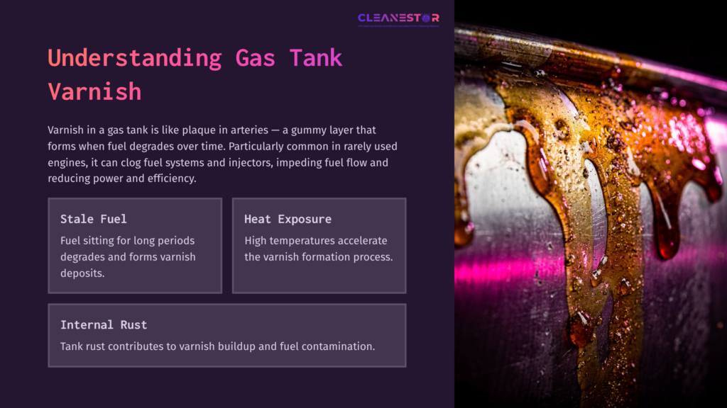 Close-Up Of A Gas Tank With Varnish Buildup, Showcasing Sticky, Dark Residue And A Shiny Metallic Surface, Highlighting Contamination Issues.