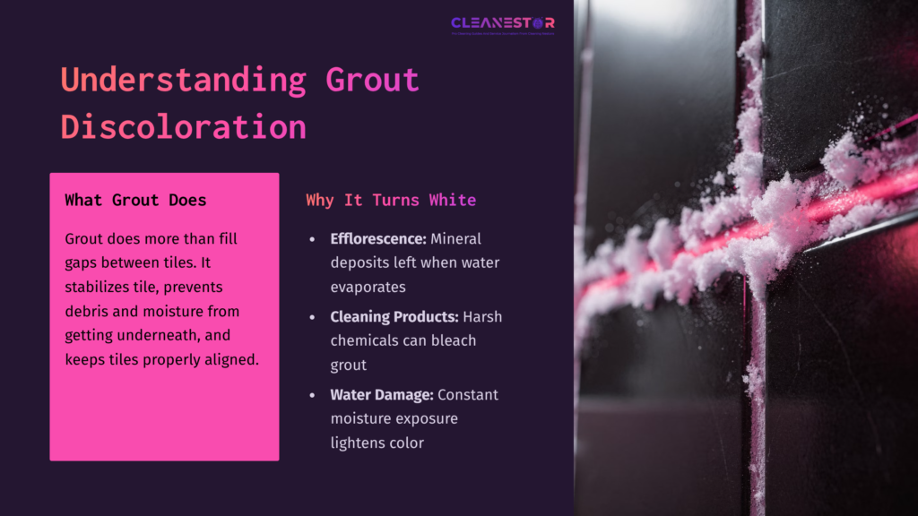 Text Highlights About Grout Discoloration With Pink And Purple Accents, Showcasing Causes Of White Grout And Cleaning Tips.
