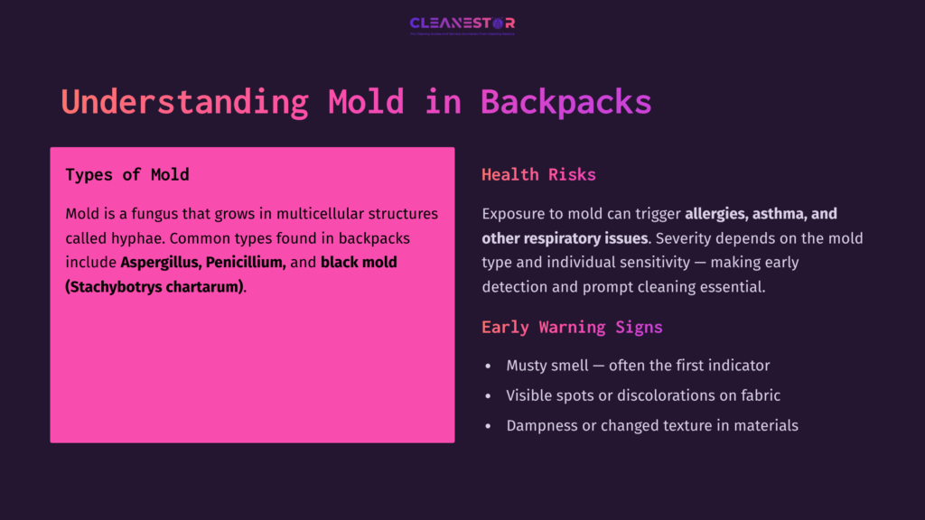 Text On A Dark Background Details Types Of Mold, Health Risks, And Early Warning Signs, Highlighted In A Vibrant Pink Box.