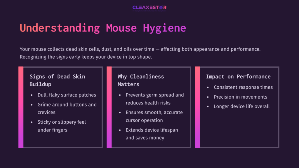 Infographic Highlighting Mouse Hygiene: Sections On Dead Skin Buildup, Importance Of Cleanliness, And Impact On Performance, With A Dark Background.