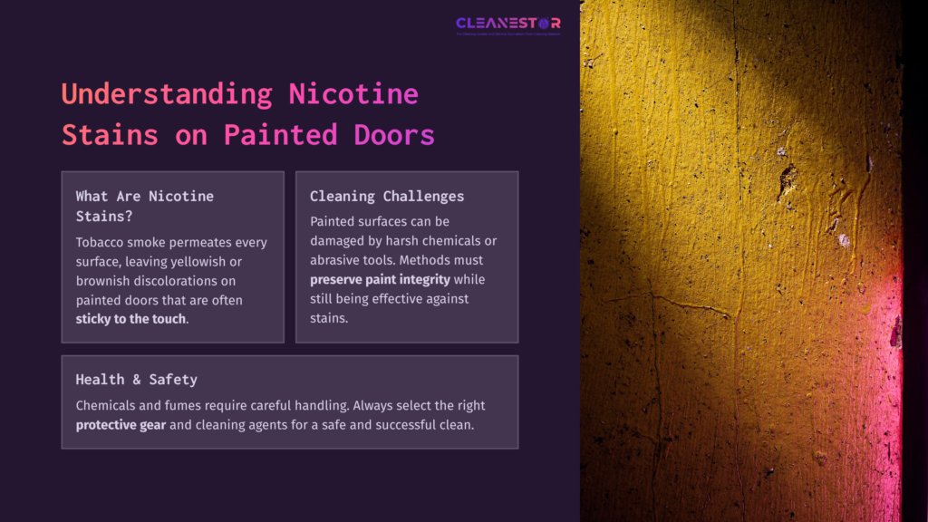 Purple And Yellow Background With Text About Cleaning Nicotine Stains On Painted Doors, Highlighting Challenges And Safety Tips.