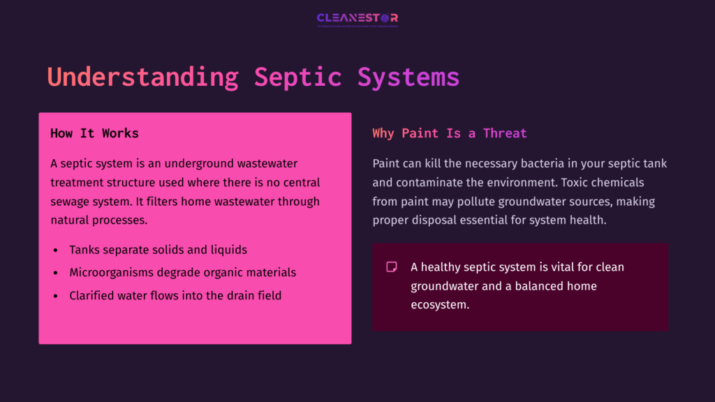 Infographic Explaining Septic Systems; Features Text On How They Work, Threats From Paint, And Importance Of Proper Disposal, With Pink And Purple Accents.