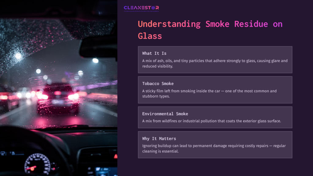 Interior View Of A Car With A Blurred Cityscape At Night, Showing Wet Windshields Reflecting Colorful Lights And Text About Smoke Residue.