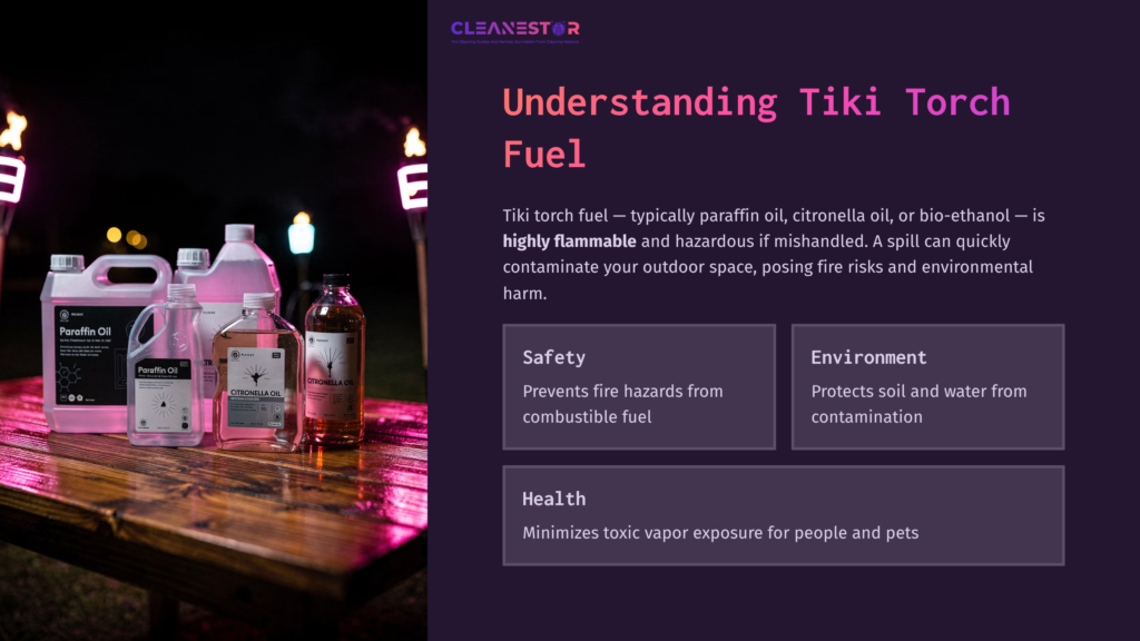 Bottles Of Tiki Torch Fuel Arranged On A Wooden Surface At Dusk, With Colorful Tiki Torches Illuminating The Background.