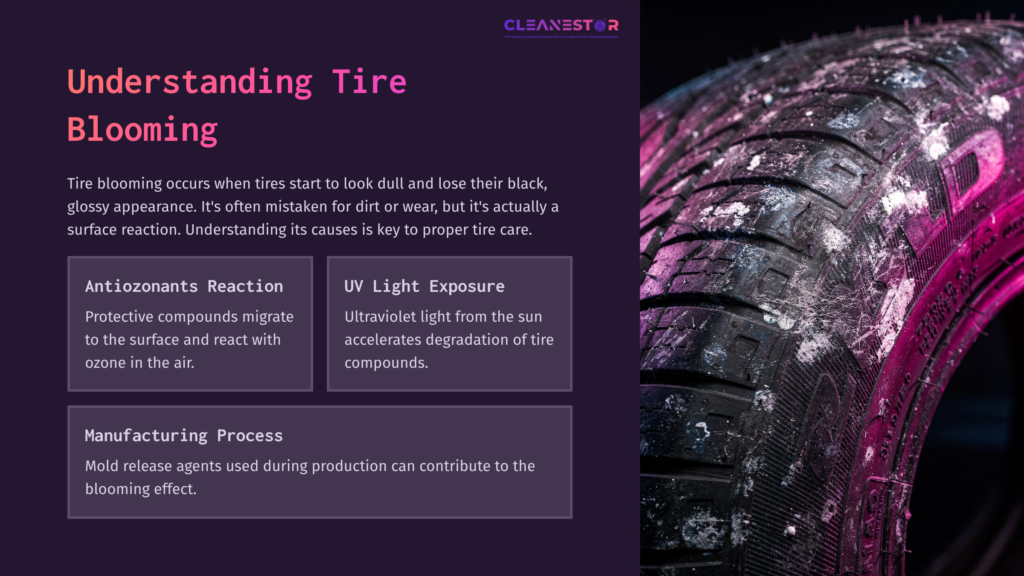 Close-Up Of A Tire Showing A Shiny Surface With A Bluish Residue, Accompanied By Text Explaining Tire Blooming Factors.