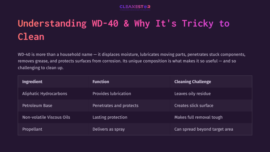 Table Detailing Wd-40'S Components, Functions, And Cleaning Challenges, With A Purple Background And Clear Headings For Each Category.