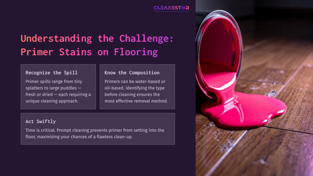 A Spilled Can Of Bright Pink Primer On A Dark Floor, Highlighting The Challenge Of Cleaning Primer Stains Effectively.