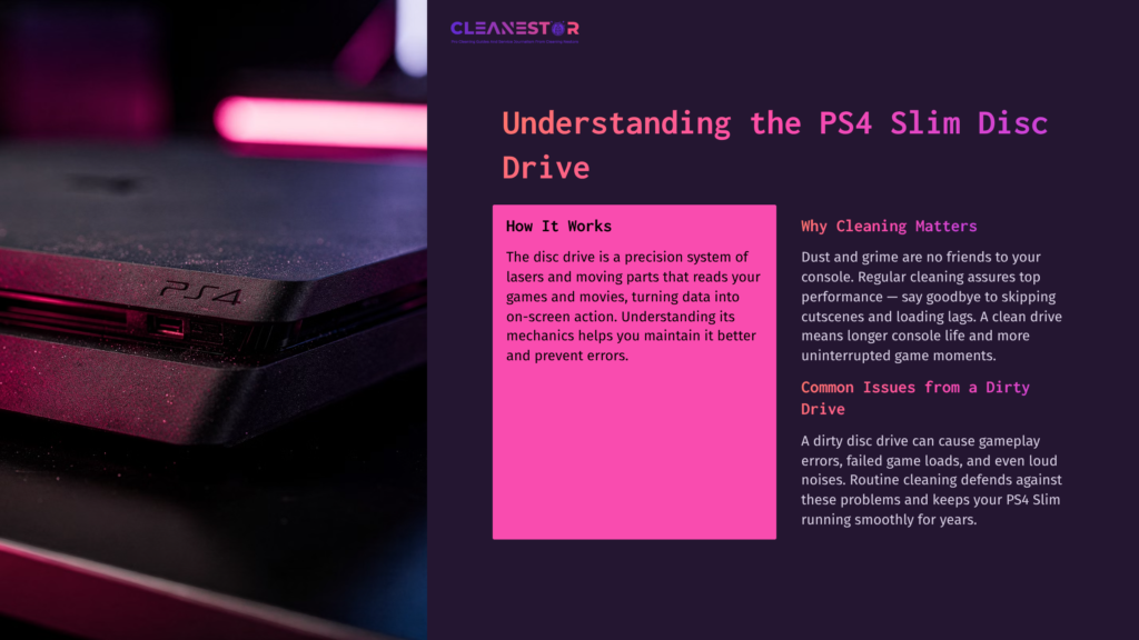 Black Ps4 Slim Console With A Soft Pink Glow In The Background, Highlighting Its Disc Drive Area And Sleek Design.