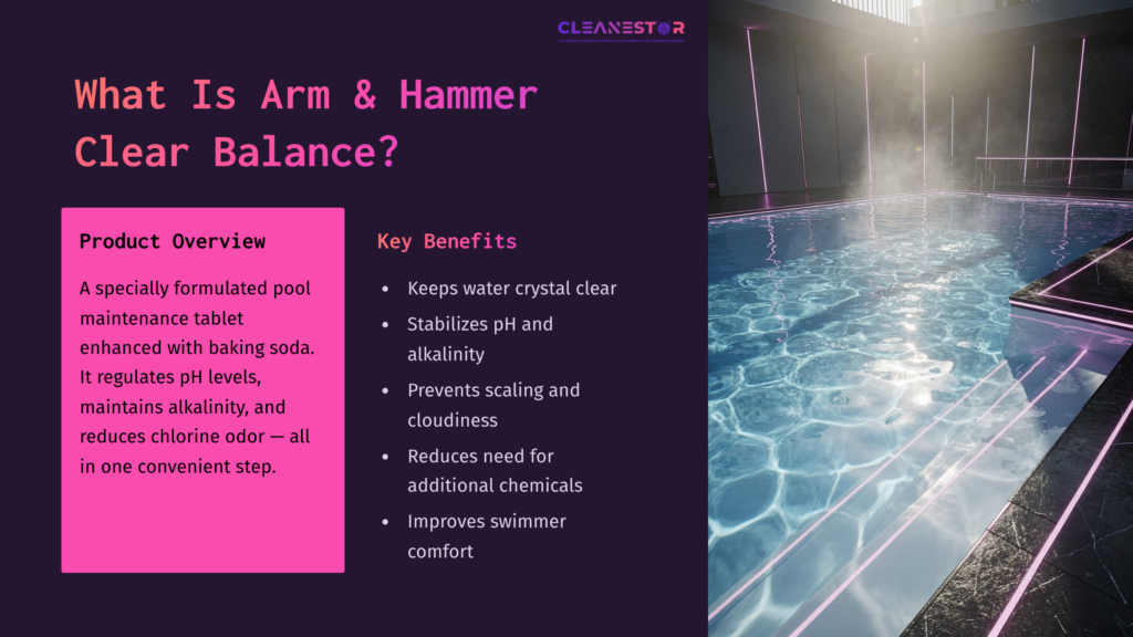A Sleek Pool With Clear Blue Water And Pink Lighting, Alongside Text Detailing Arm &Amp; Hammer Clear Balance'S Benefits And Overview.