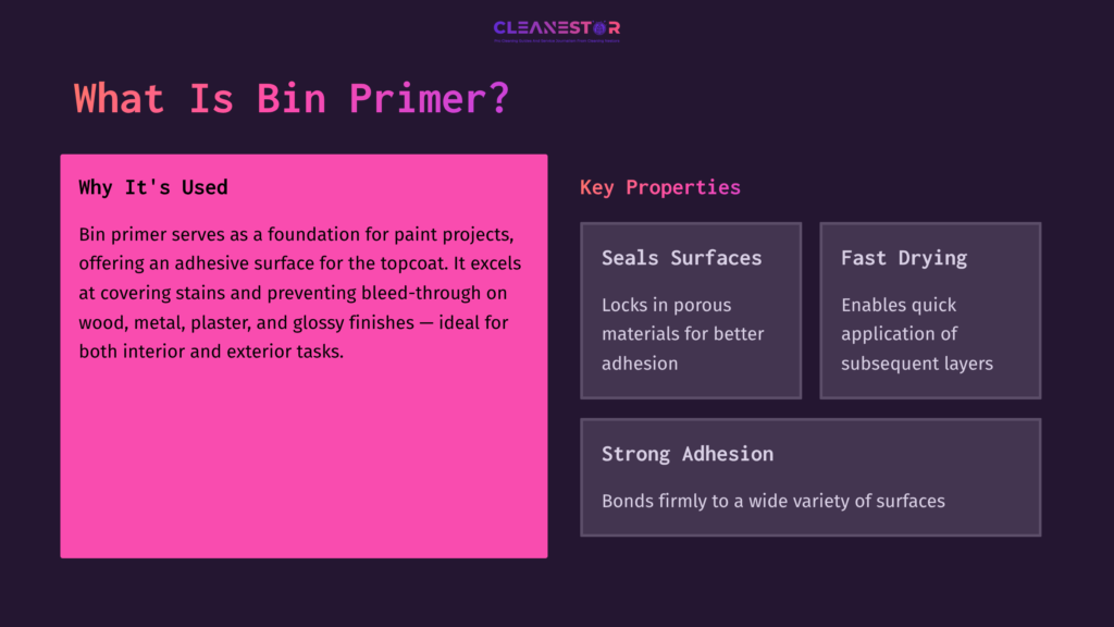 Bright Pink Box On A Dark Background Detailing &Quot;What Is Bin Primer?&Quot; With Key Properties On The Right, Highlighting Adhesion And Surface Sealing.