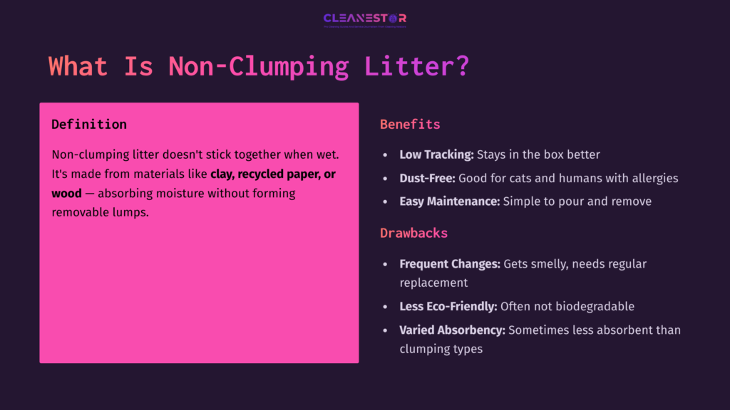 Bright Pink Box With Text Definition Of Non-Clumping Litter On A Dark Background, Highlighting Benefits And Drawbacks In White And Purple Text.