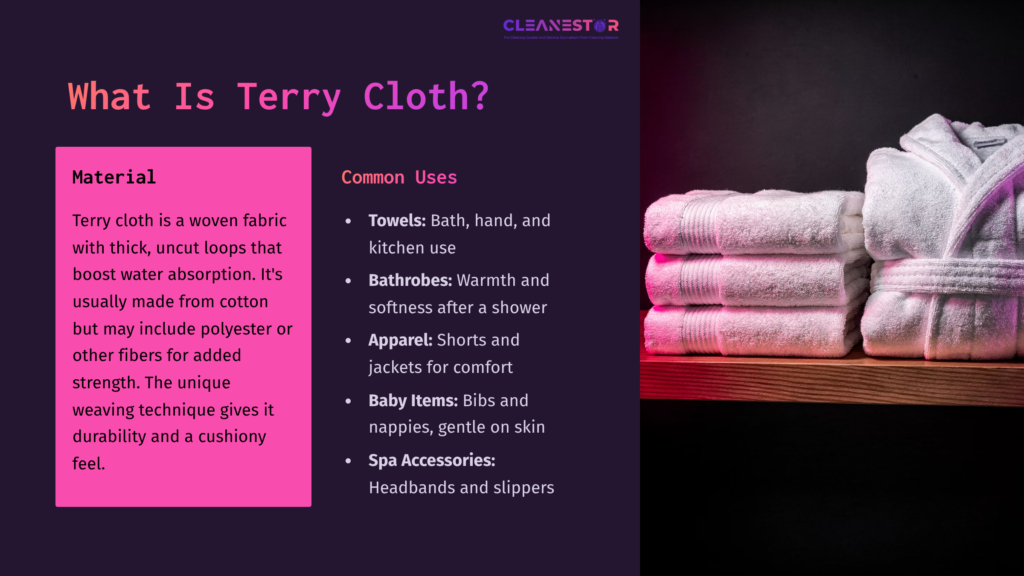 Stack Of White Terry Cloth Towels On A Shelf Against A Dark Background, With Purple Text Outlining Material And Common Uses.
