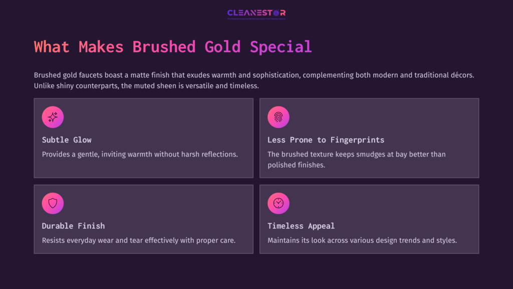 Brushed Gold Faucet Features; Includes Text Boxes Describing Its Glow, Fingerprint Resistance, Durability, And Timeless Design Appeal.