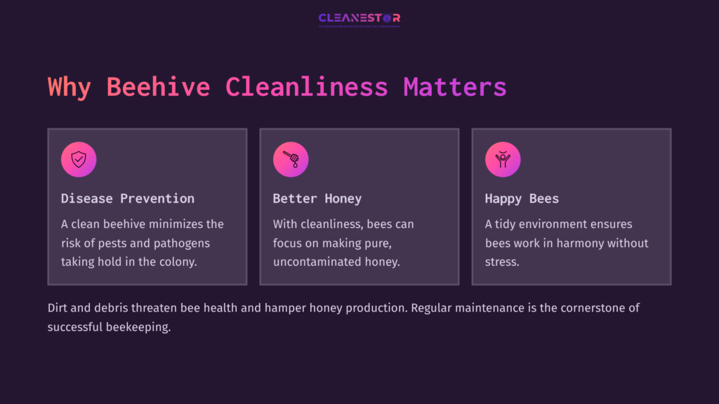 Three Pink Icons With Text On A Dark Background Highlight The Importance Of Beehive Cleanliness: Disease Prevention, Better Honey, And Happy Bees.