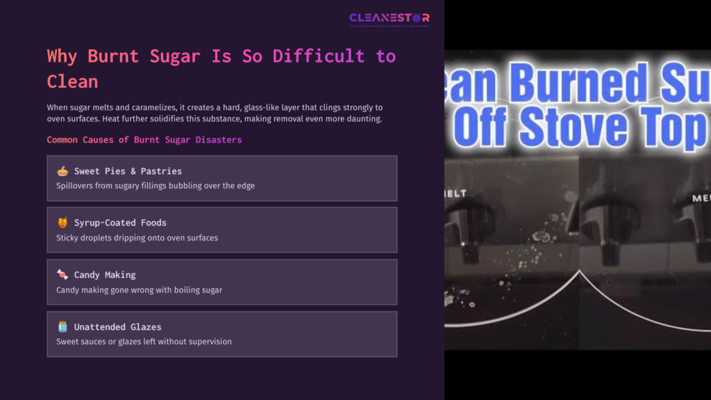 A Dark Purple And Gray Layout Featuring A Text Box On The Left Listing Burnt Sugar Disasters, And A Stove With Burnt Sugar On The Right.