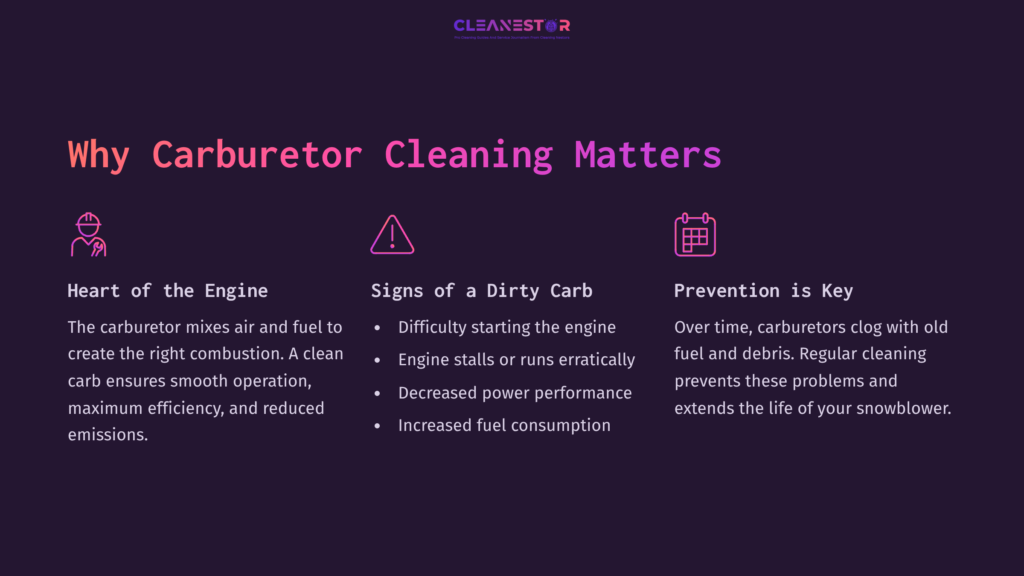 2 Why Carburetor Cleaning Matters Infographic Detailing Carburetor Cleaning Importance, Featuring Headings In Pink And White Text On A Dark Purple Background, With Icons For Clarity.