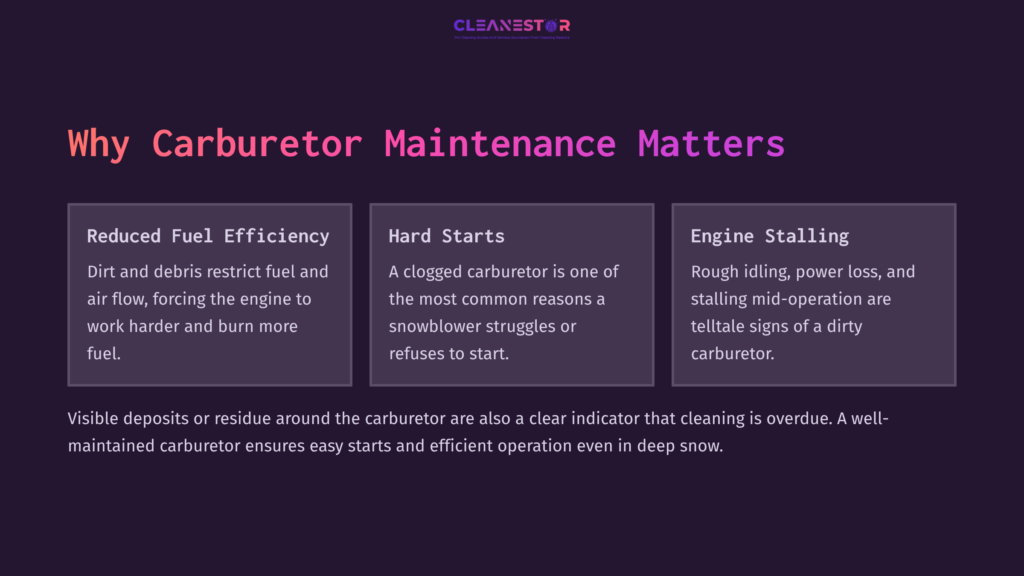 Text On A Dark Background Highlights The Importance Of Carburetor Maintenance, With Sections On Reduced Fuel Efficiency, Hard Starts, And Engine Stalling.