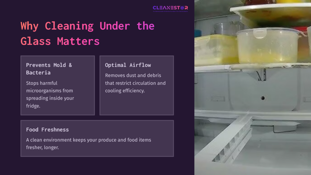 Ge Fridge Interior With Clear Glass Shelves, Containers, And Highlighted Sections Explaining Benefits Of Cleaning Under The Glass.
